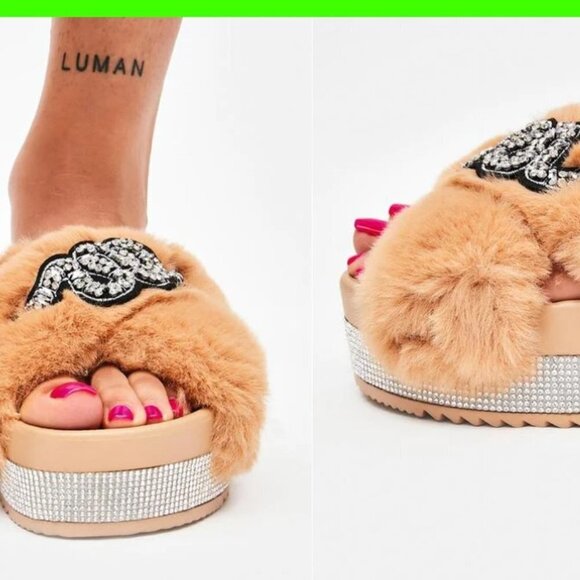 AZALEA WANG Sneaky Slippers faux fur snake rhinestone bling slides tan 7 - Picture 4 of 14